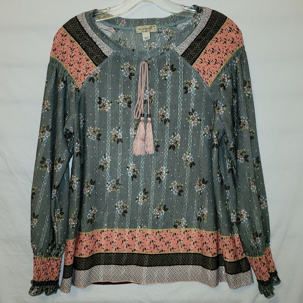One World Live and Let Live Petite Medium PM Green Floral Metallic Peasant Top‎